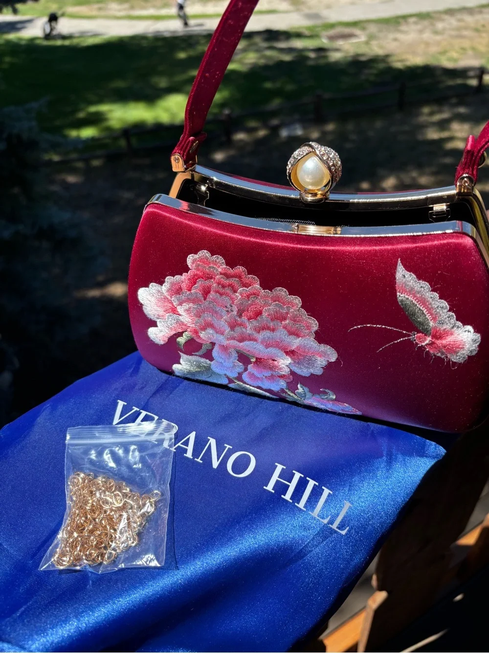 Verano Hill Red Satin Floral Top-Handle Evening Bag & Crossbody chain